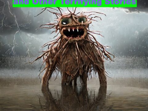 A monster comes out of the floods during a torrential rainstorm AI