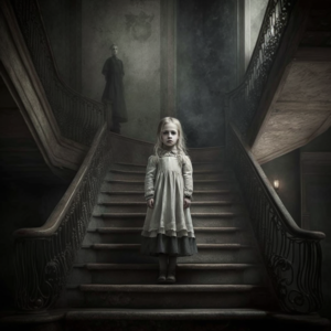 A creepy, ghostly little girl standing on the staircase.