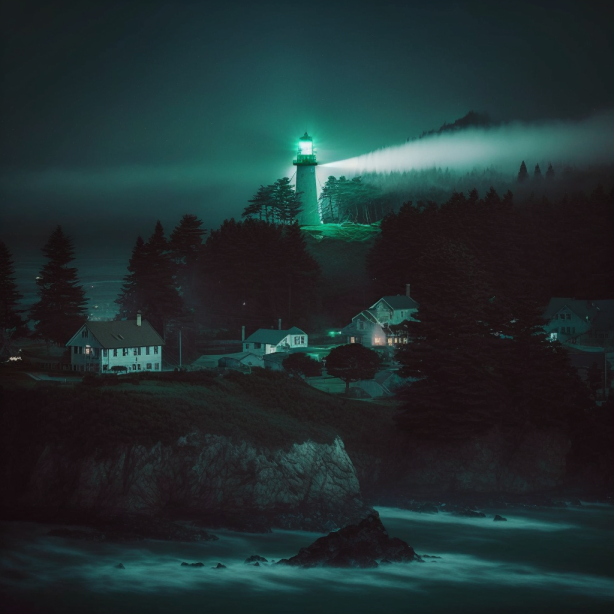 a lighthouse in sandcastle in the mysterious green fog