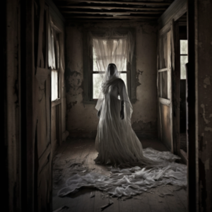 A ghostly figure in an abandoned haunted house