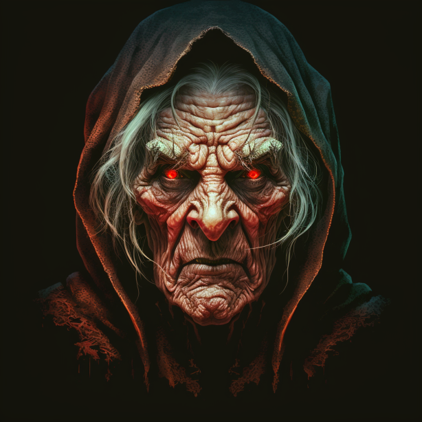 old hag woman with red eyes wearing a cloak from creepypasta
