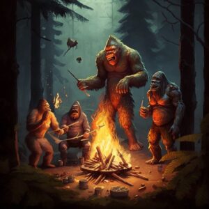 Bigfoot cooking human remains over a campfire