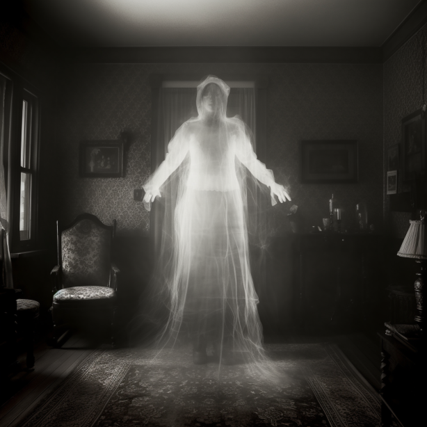An image of the ghost of a woman in her victorian living room.